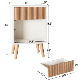 OPEN shelf view of INNOD Fluted Nightstand highlighting storage and display space
