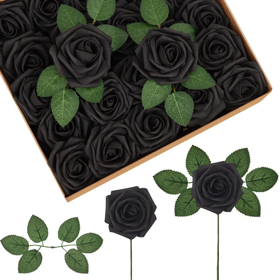 InnoGear artificial black foam roses set with stems for DIY décor
