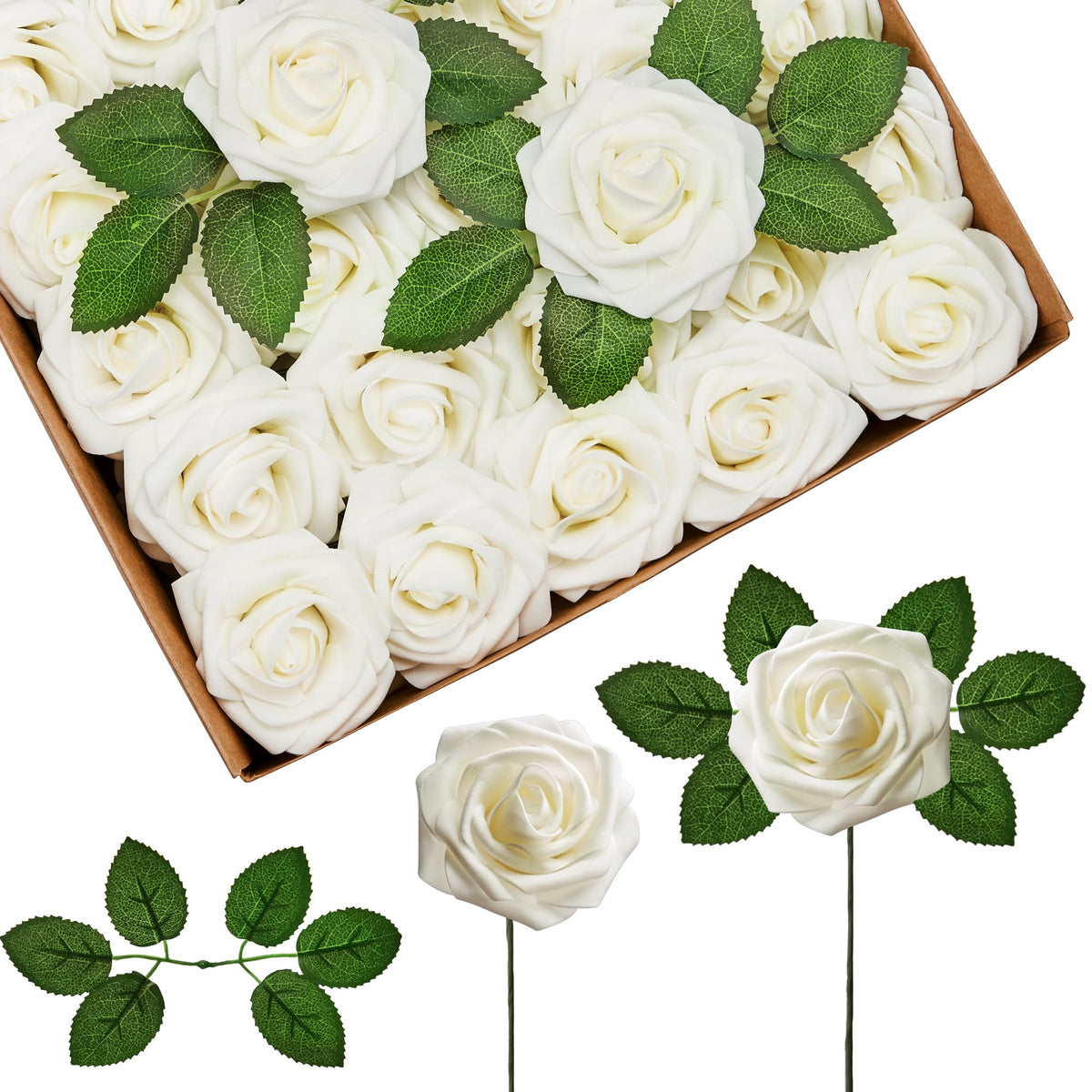 InnoGear ivory white foam roses 50-piece layered pack for elegant DIY bouquets.