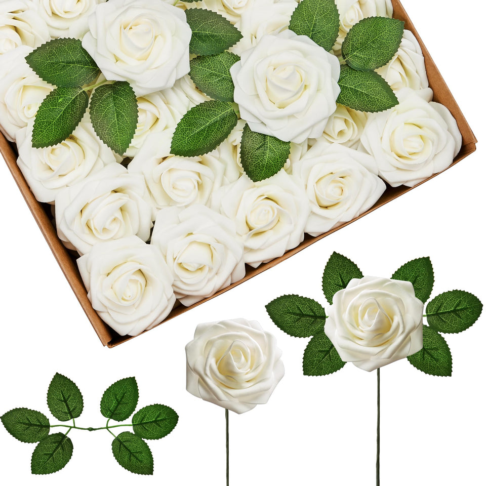 InnoGear ivory white foam roses 50-piece layered pack for elegant DIY bouquets.