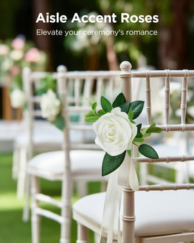 InnoGear white roses spread across tables for evergreen charm