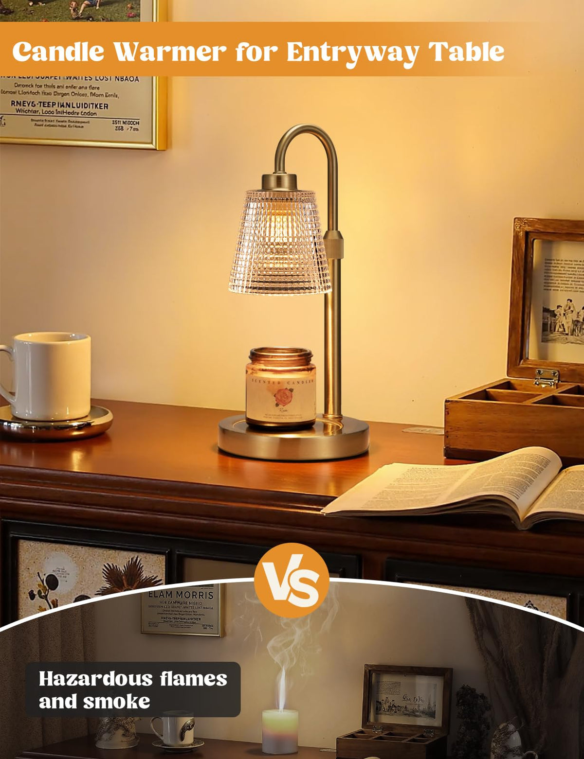 Innqoo Gold Candle Warmer Lamp height adjustable design fits small tea candles and three-wick jars.
