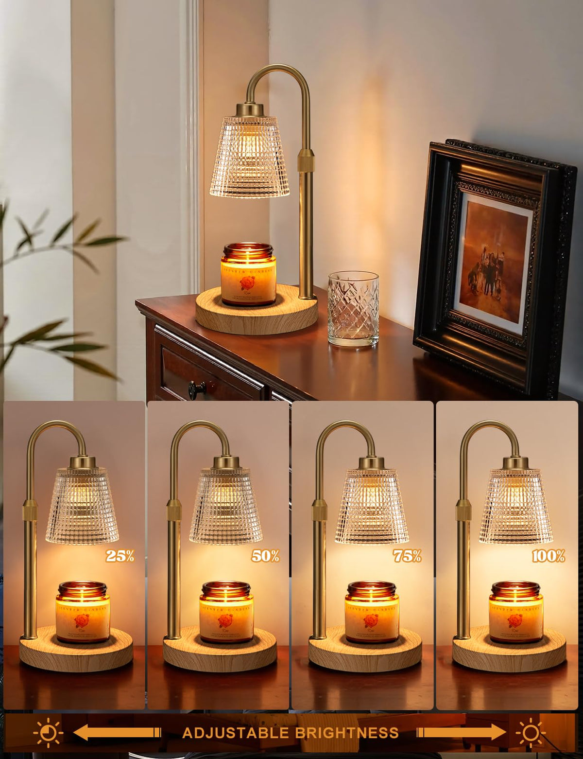 Innqoo timer dimmable candle warmer showing adjustable brightness settings