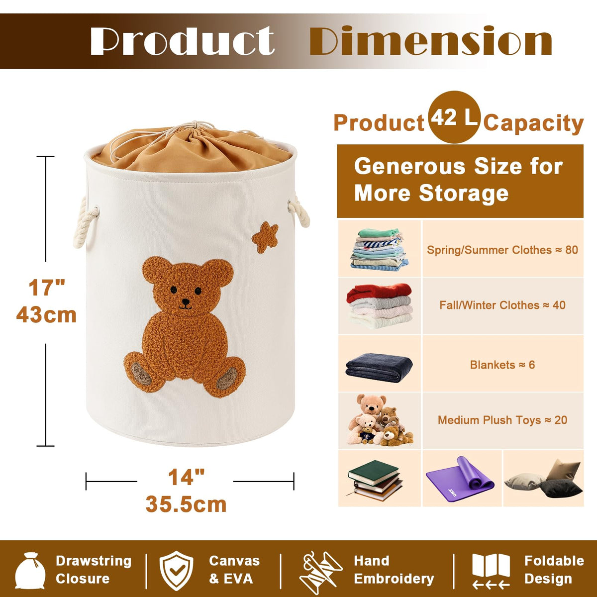 INough 42L capacity keeps plush toys and clothes neatly contained.