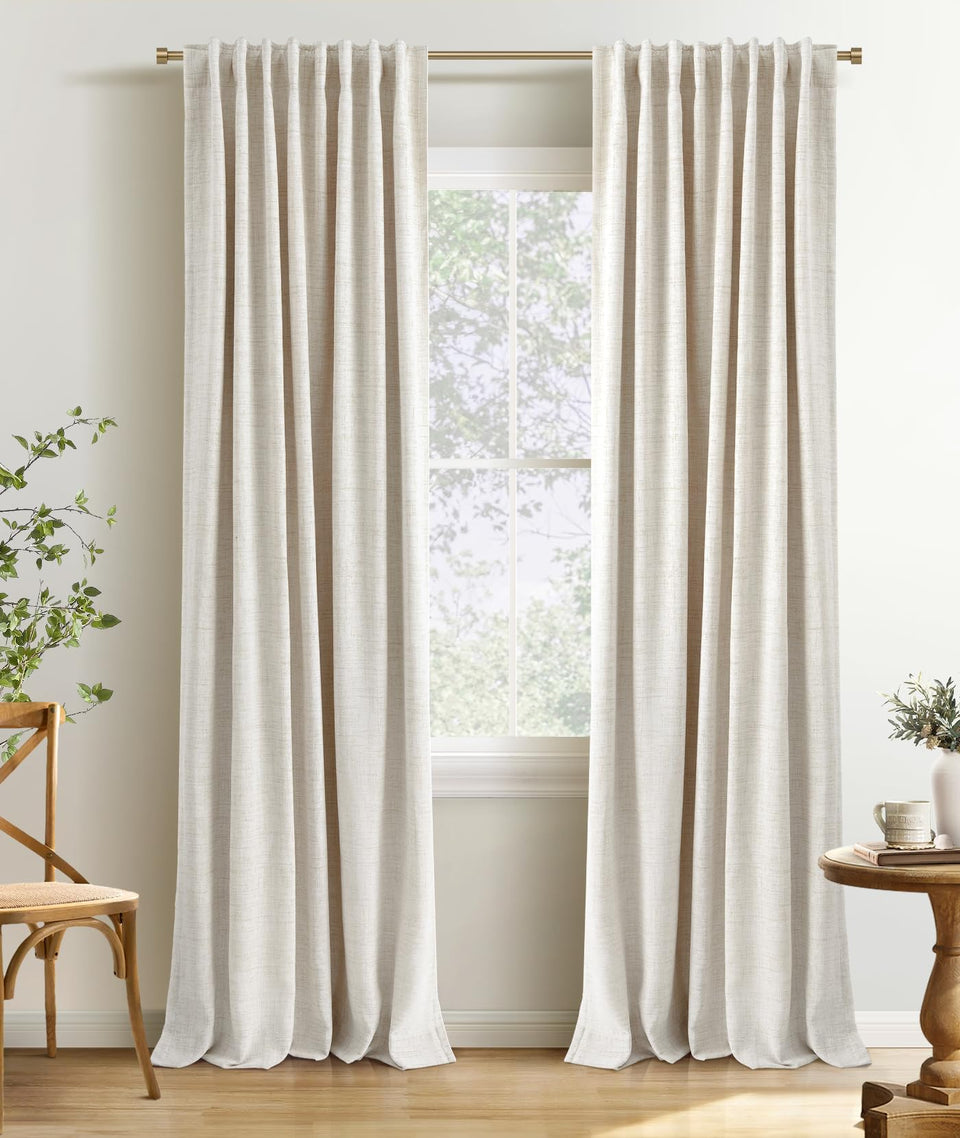 INOVADAY 2-panel cream linen blackout curtains provide full daylight control for bedrooms.