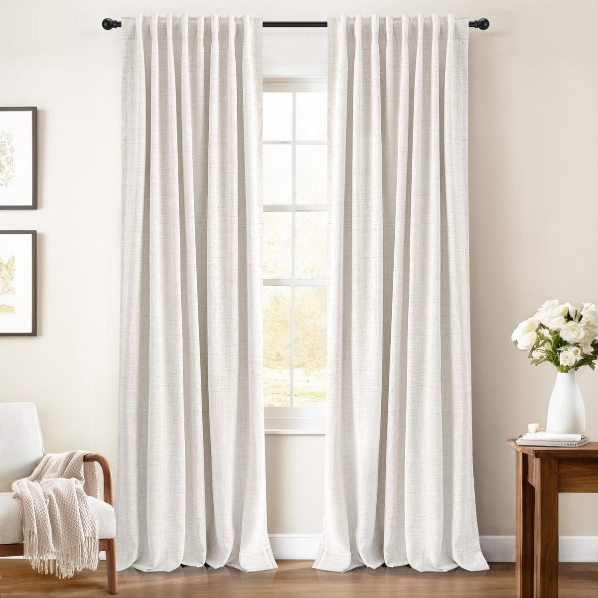 INOVADAY beige linen blackout curtains with backtab style for a soft pleated look and light control.