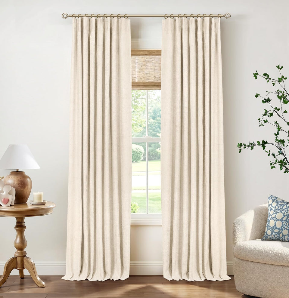 INOVADAY cream blackout curtains, 84-inch two-panel setup for deep room darkening