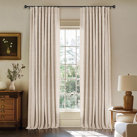 INOVADAY linen-texture blackout curtains in oatmeal deliver total darkness with a soft linen-inspired finish