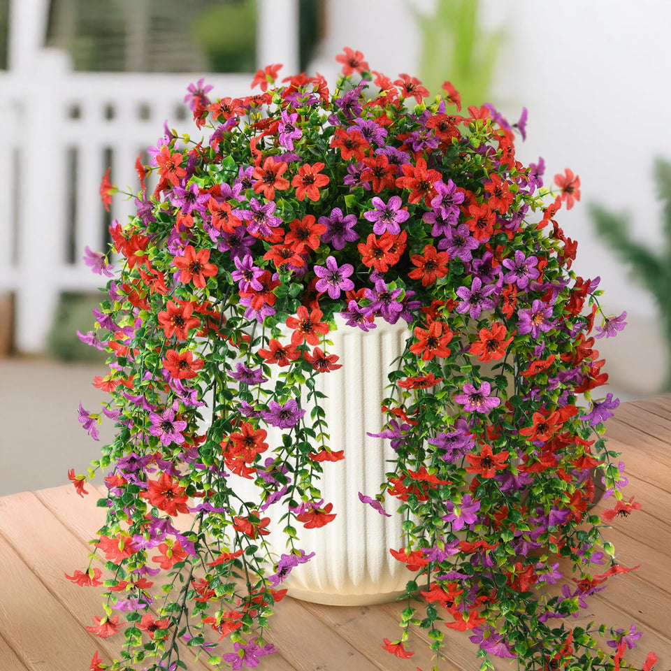 INQCMY artificial daisy hanging outdoors enhances curb appeal.