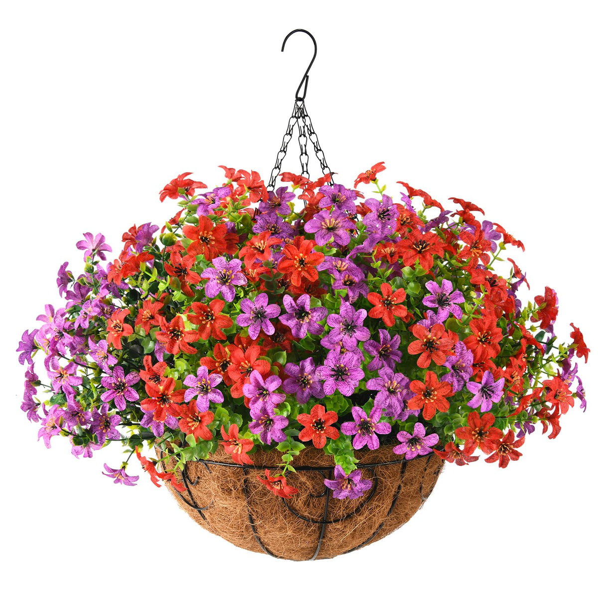 INQCMY artificial flowers hanging basket setup for easy outdoor decoration.