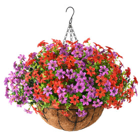 INQCMY artificial flowers hanging basket setup for easy outdoor decoration.