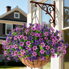 INQCMY artificial flowers hanging basket setup showing 12 bundles for outdoor décor