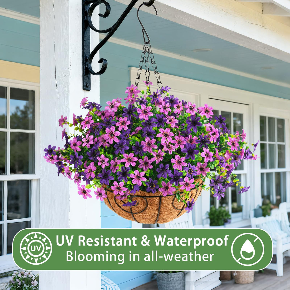 INQCMY full display of artificial hanging baskets outdoors for curb appeal