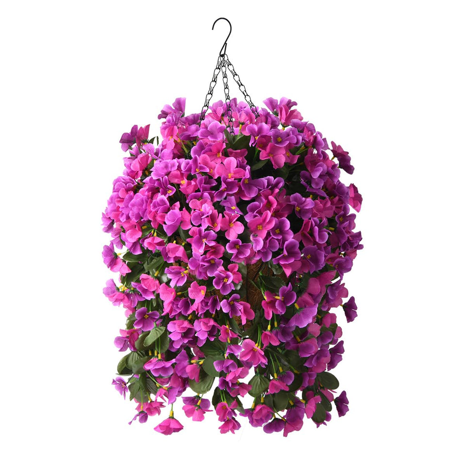 INQCMY artificial hanging basket with begonias adds year-round color to patios.