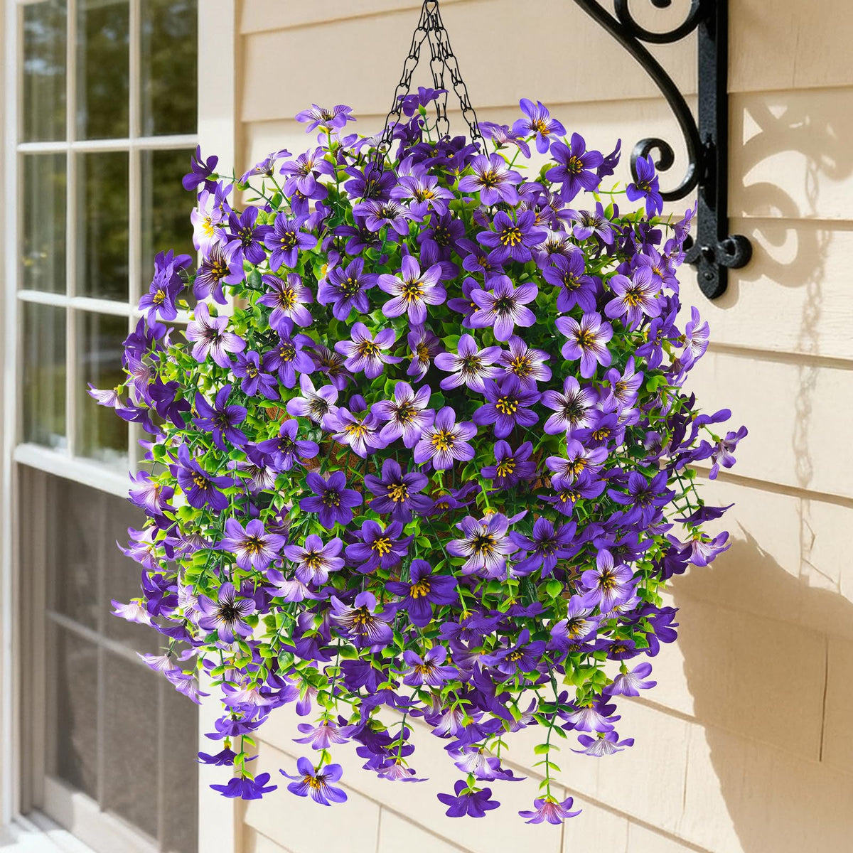 INQCMY artificial hanging flowers with three purple bundles for outdoor low-maintenance decor.