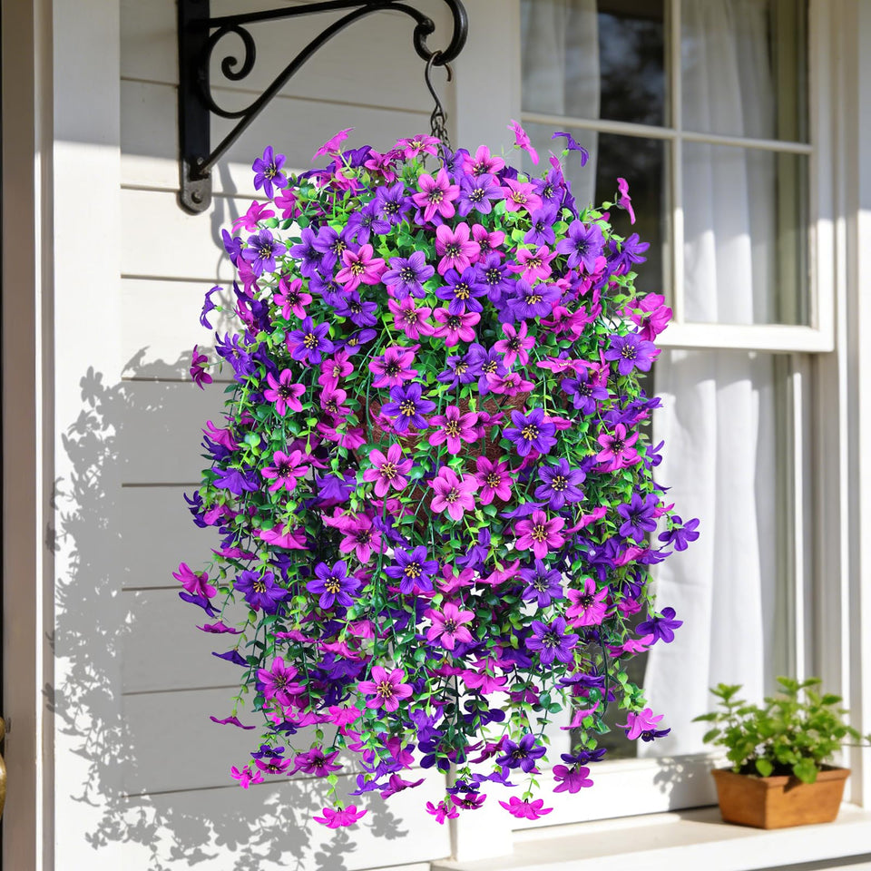 INQCMY artificial hanging flowers 3pc set, perfect for brightening outdoor spaces without maintenance.