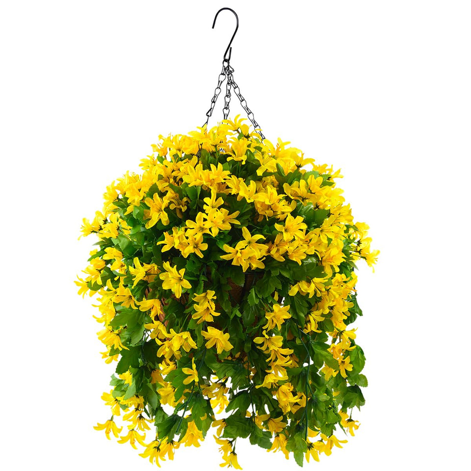 INQCMY artificial hanging flowers basket for quick porch setup.