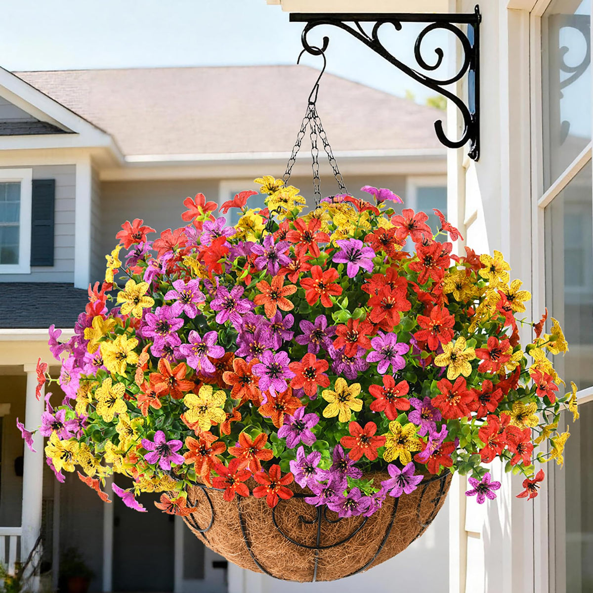 INQCMY artificial hanging flowers basket closeup showing lush silk blooms