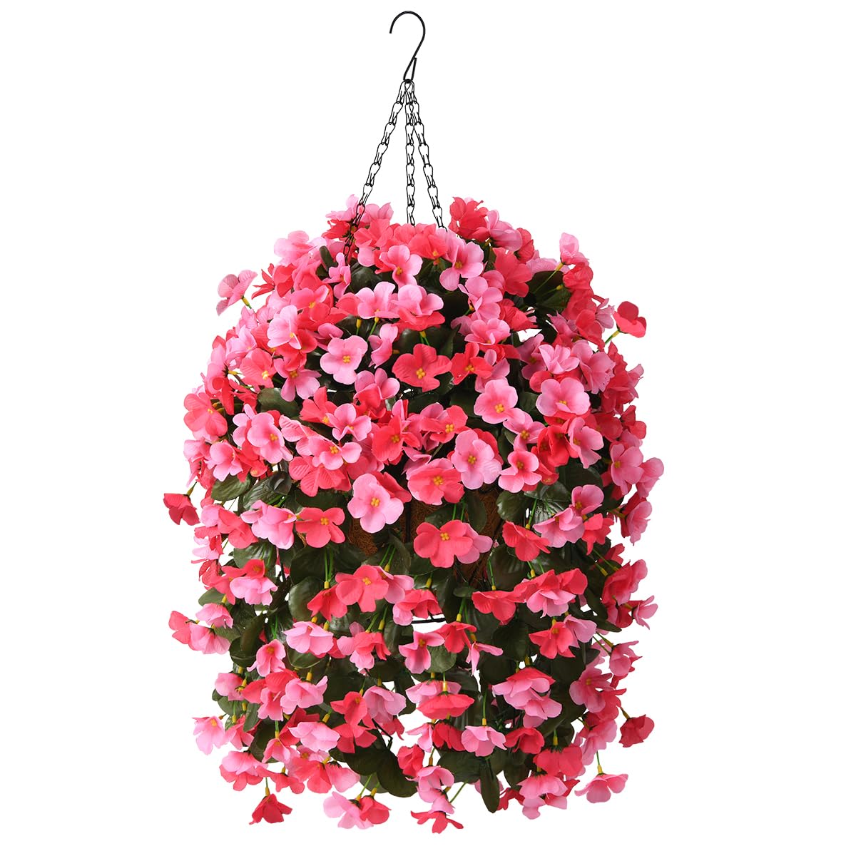INQCMY artificial hanging basket with deep pink begonia for year-round outdoor color