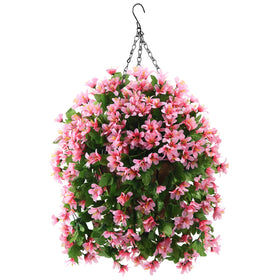 INQCMY artificial hanging flowers in pink basket add year-round outdoor charm