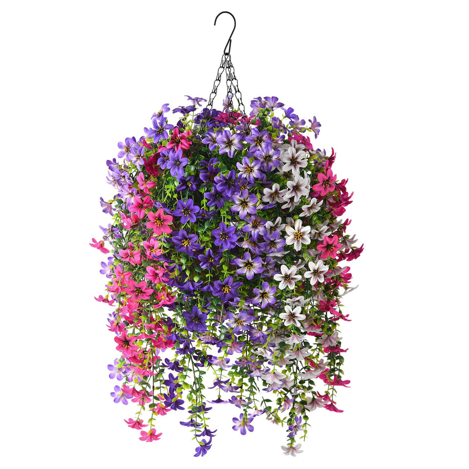 INQCMY artificial hanging plants basket with flowers, ideal for year-round porch décor.