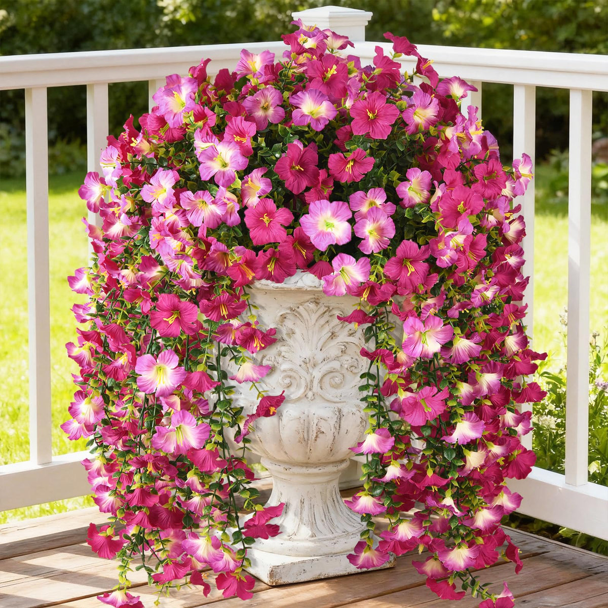 INQCMY artificial morning glory with eucalyptus bundle, full outdoor decor view.