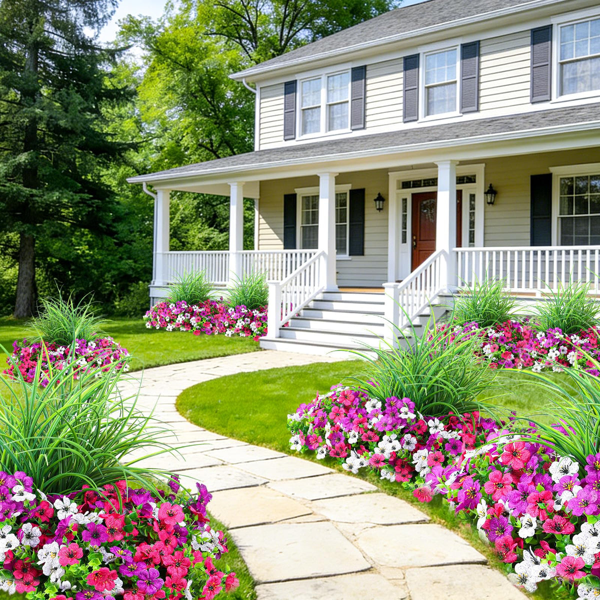 INQCMY quick-install faux flowers provide instant color to outdoor spaces.