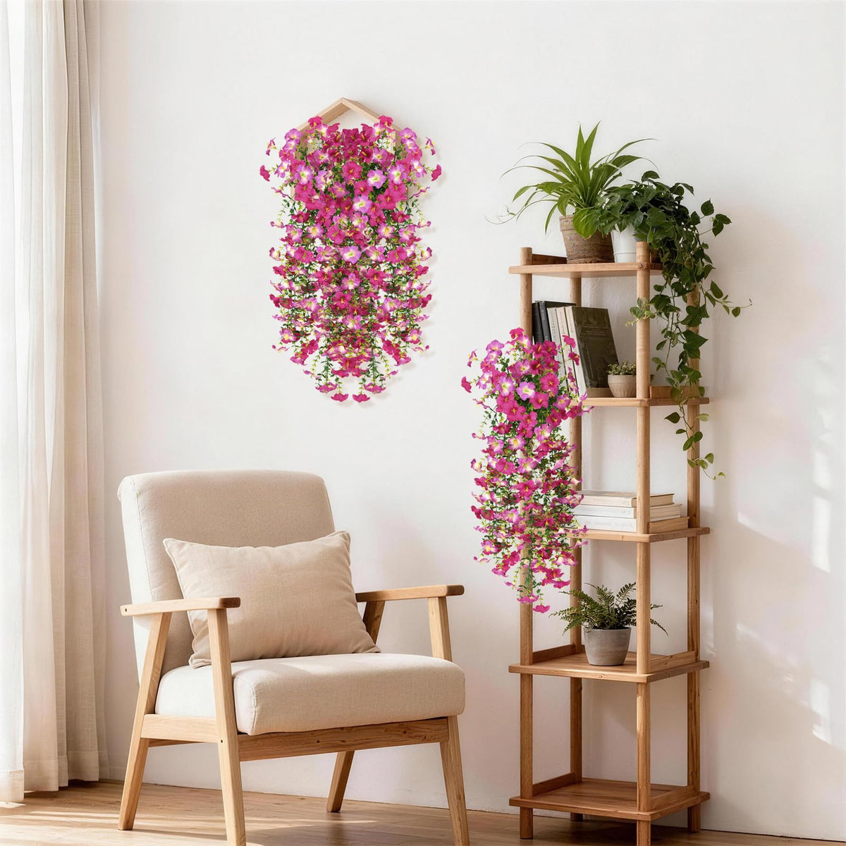 INQCMY porch balcony decor with faux flowers for all-season appeal.