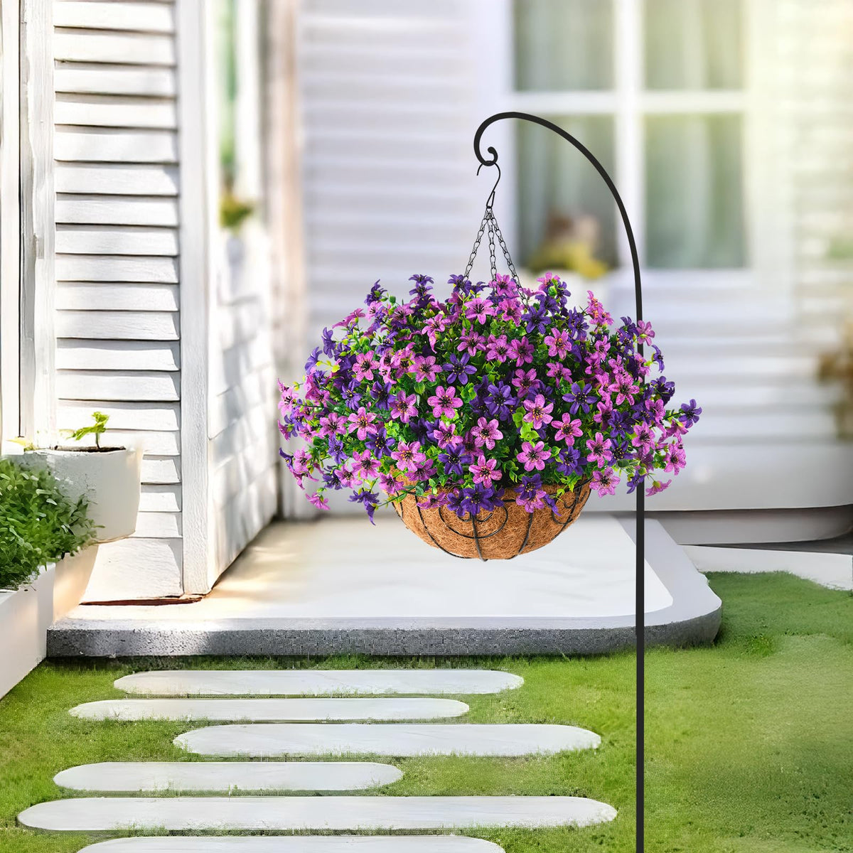 INQCMY porch décor idea with artificial flowers in a basket