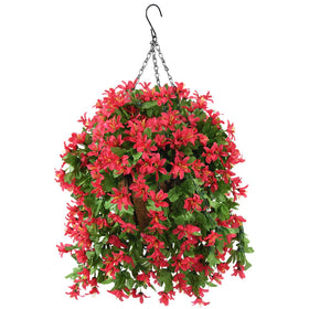 INQCMY violet hanging flowers basket showcases vibrant color for patio and balcony decor.