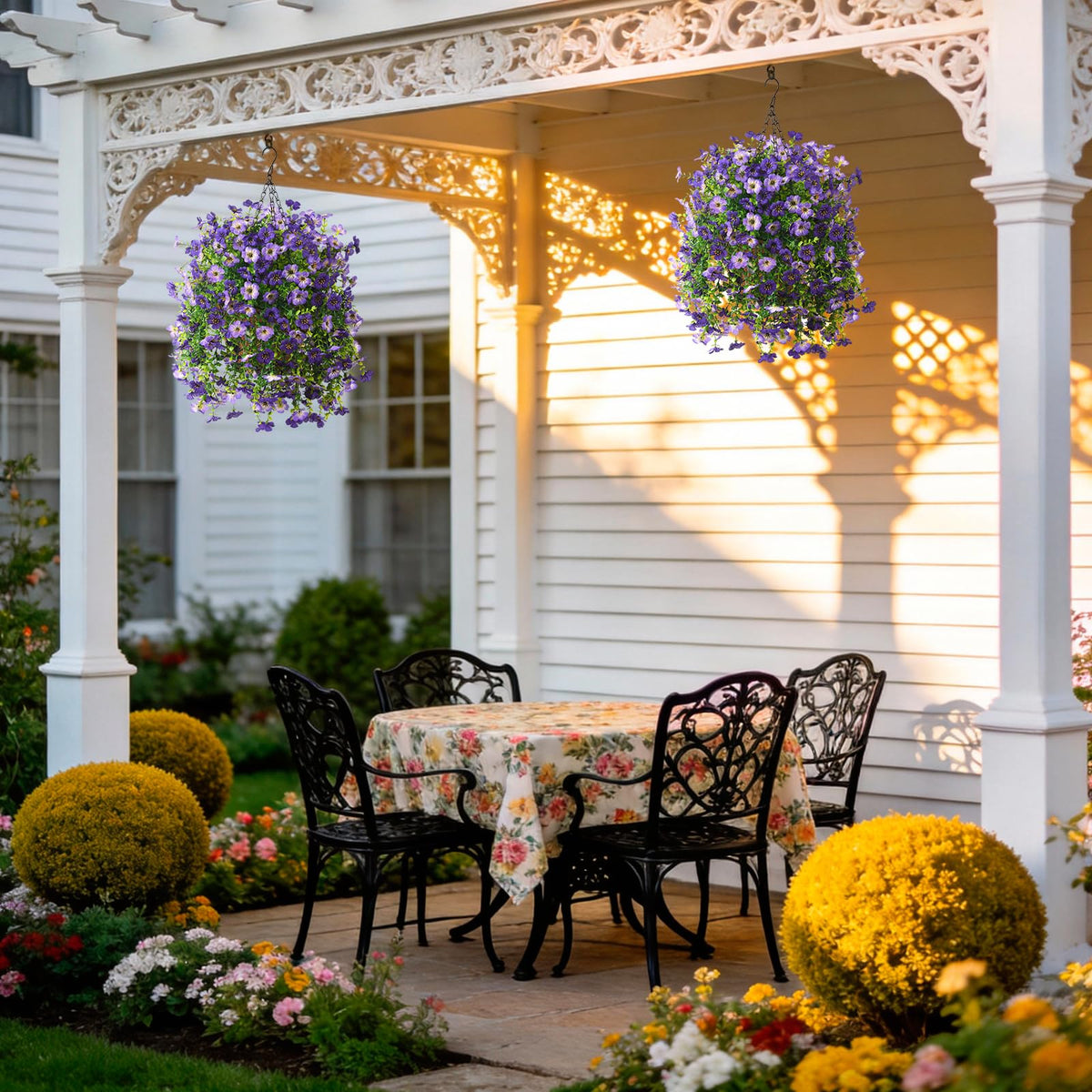 INQCMY weatherproof floral hanging flowers stay vibrant in sun and rain.