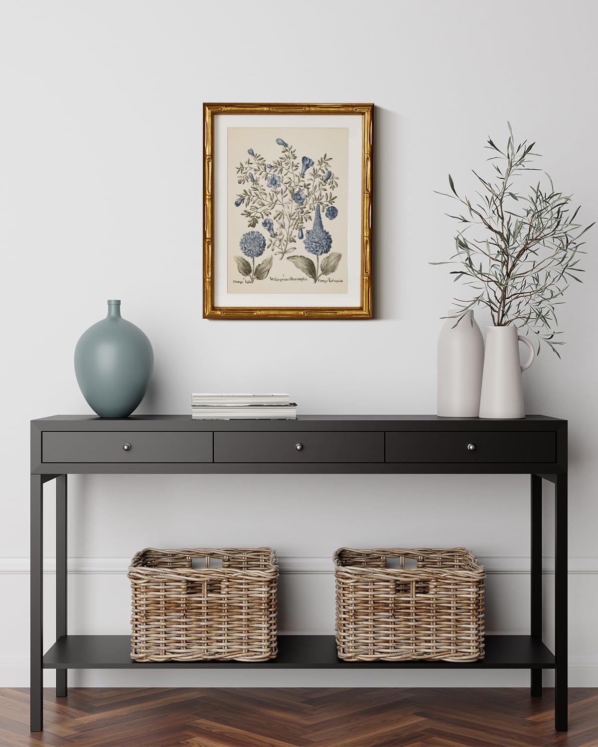 InSimSea blue hydrangea print in antique frame brightens study and entry
