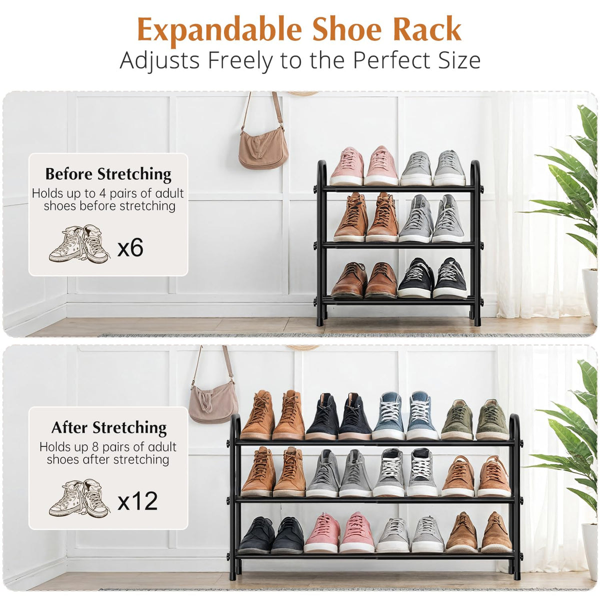 INSMART expandable shoe rack width adjustment demonstrates flexible closet storage.
