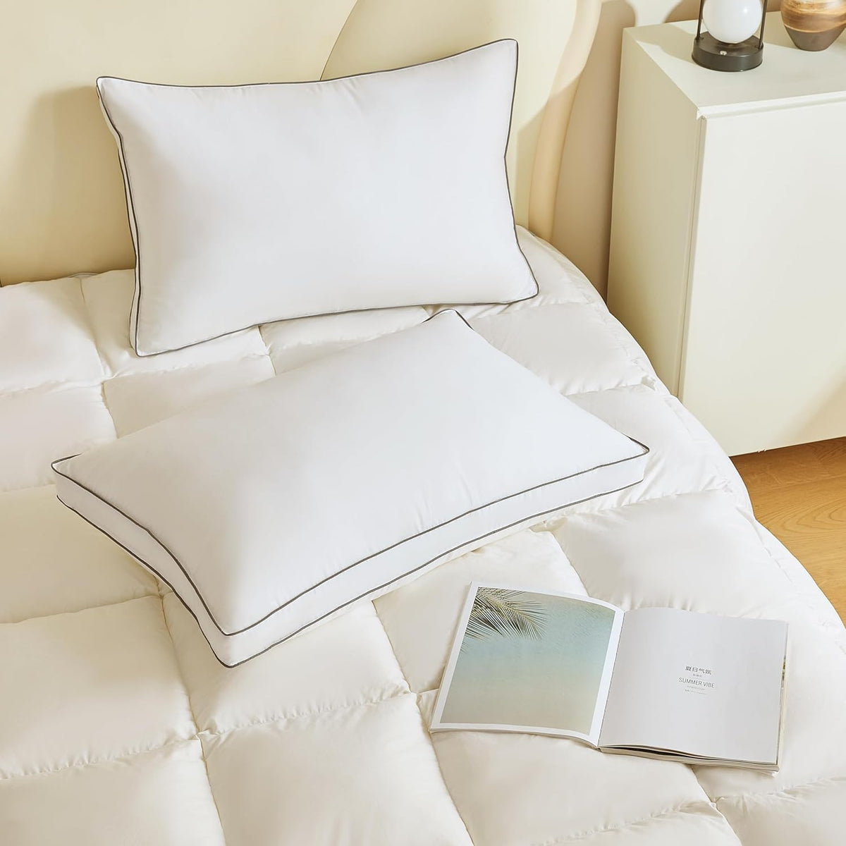 INSPIRE CRAFTER packaging-ready pillow on a hotel-style bed setup
