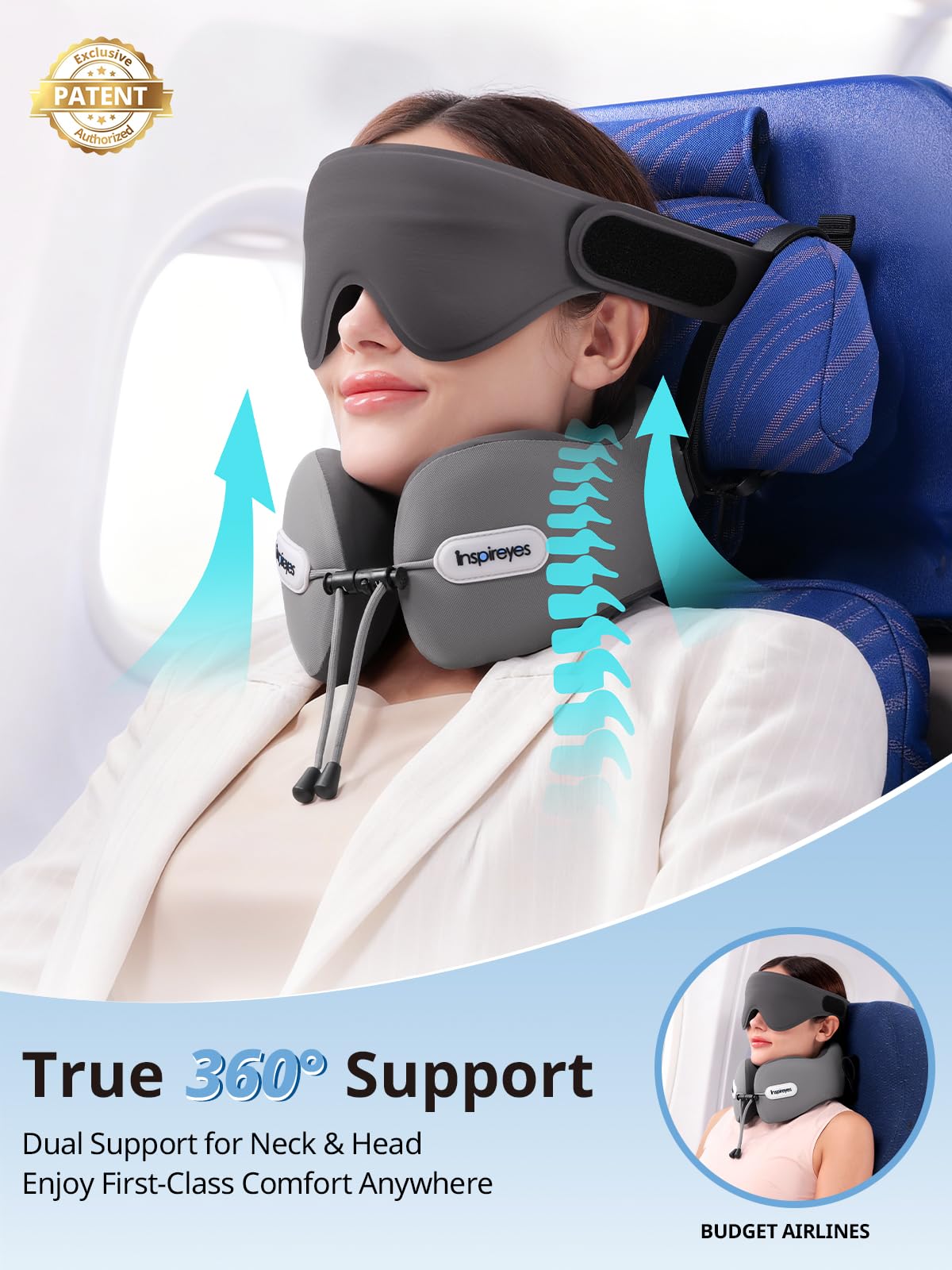 Inspireyes 3D sleep mask attached to neck pillow for light-blocking comfort.