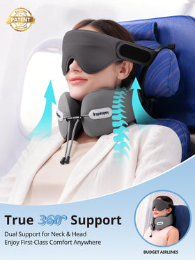 Inspireyes 3D sleep mask attached to neck pillow for light-blocking comfort.