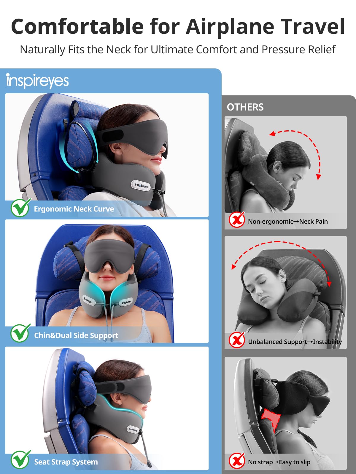 Dual-density foam core offers firm inner support with cushioned outer layer for travel comfort.