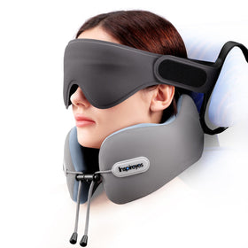 Inspireyes neck pillow with seat-strap attachment provides stable neck support during flights.