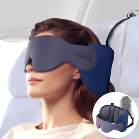 Inspireyes travel pillow attached to seat headrest for supported rest on planes