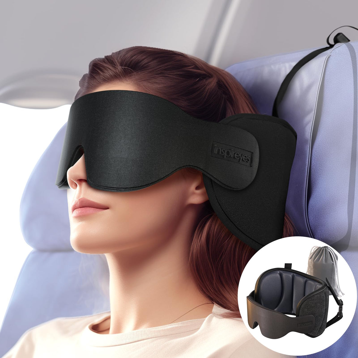 Inspireyes travel pillow attached to airplane headrest for 360° support.