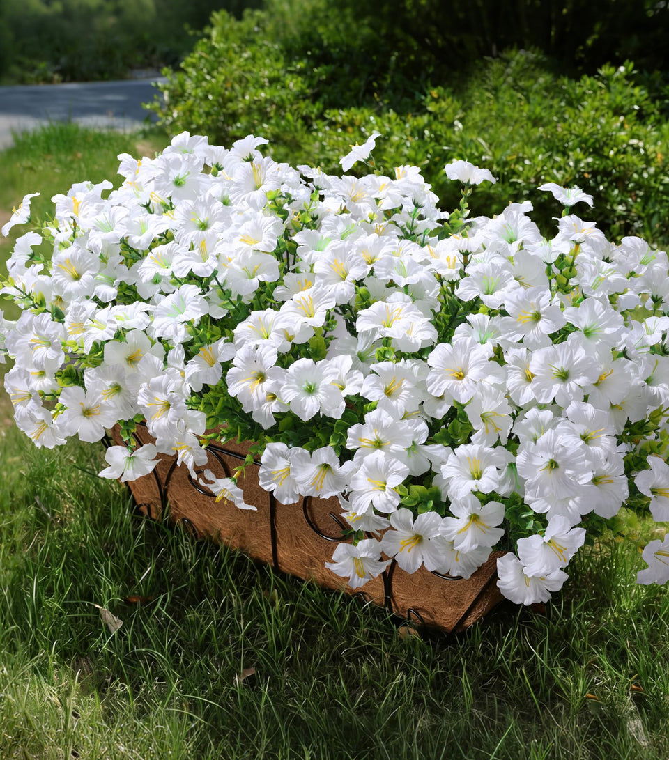 INSPRING outdoor artificial flowers: white petunia with eucalyptus for vibrant, maintenance-free garden displays
