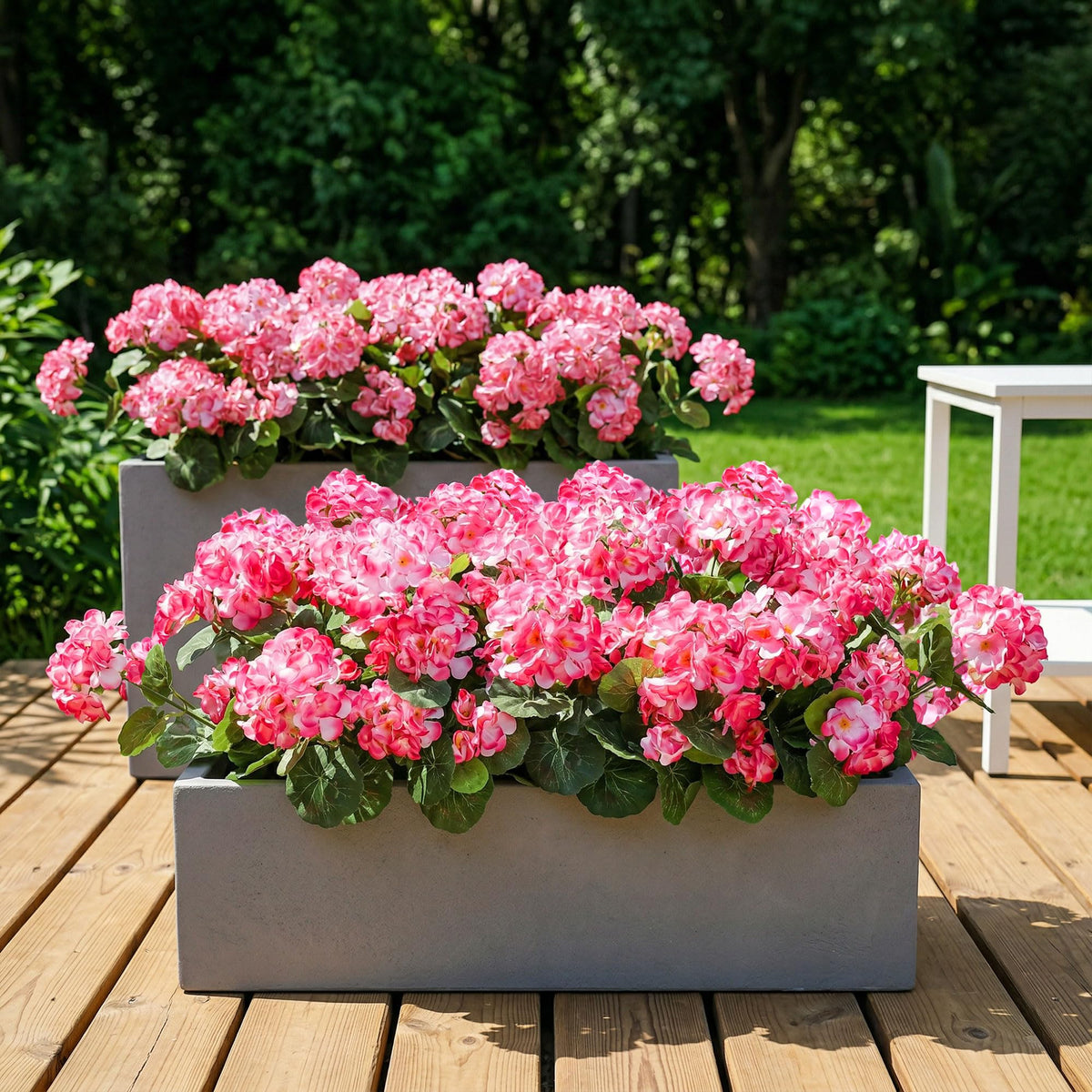 INSPRING artificial geraniums with realistic leaves create natural-looking decor for porches.