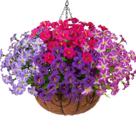 INSPRING outdoor hanging basket with lifelike petunias for patio decoration.