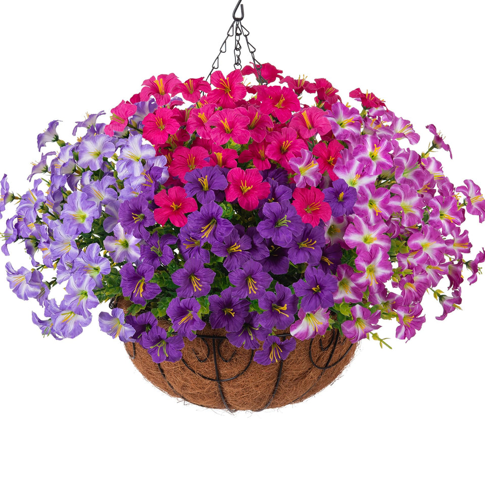 INSPRING outdoor hanging basket with lifelike petunias for patio decoration.