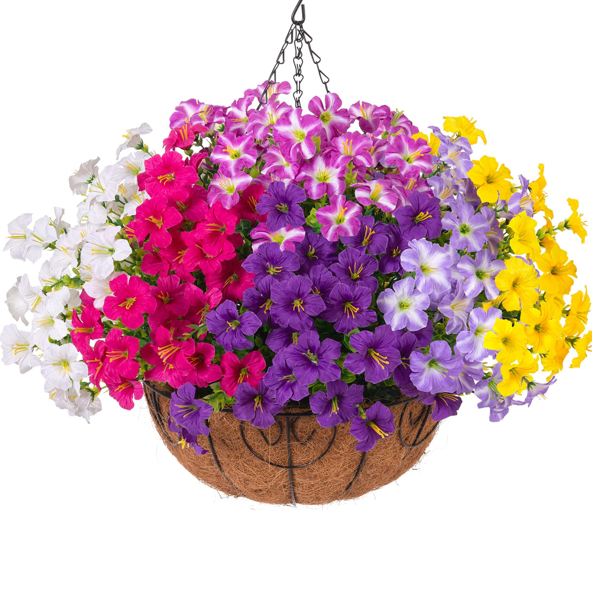 INSPRING artificial hanging petunias in a basket for outdoor patio with long-lasting color.