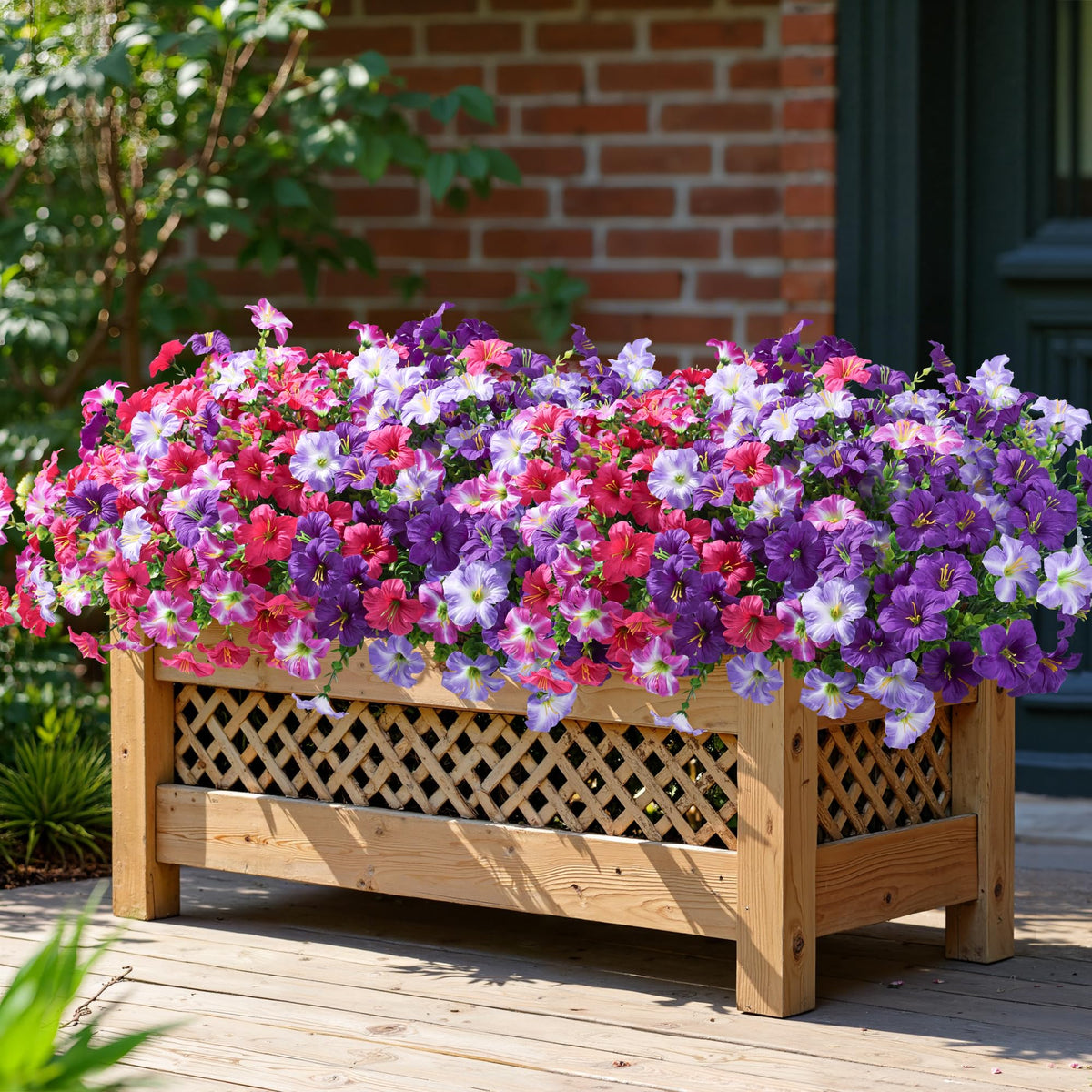 Close-up of handcrafted petunia petals with eucalyptus greenery for exterior decor