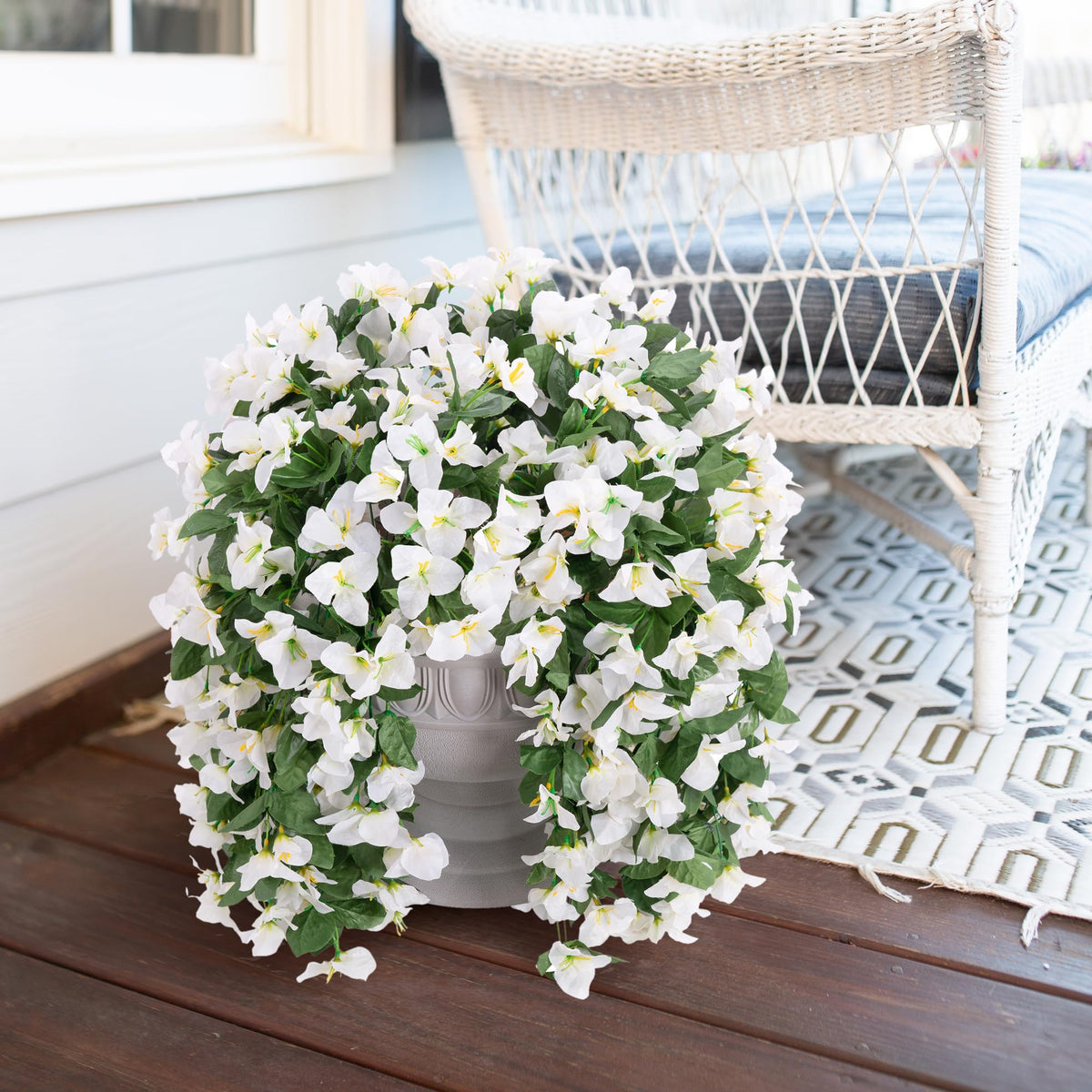 INSPRING Bougainvillea vines in planter create natural focal point.