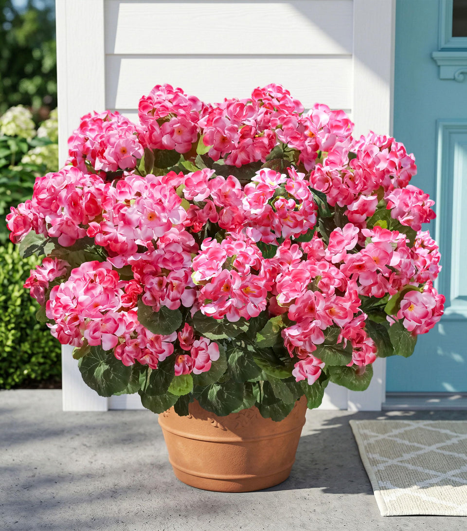 INSPRING fake geraniums outdoor pink bundles provide year-round color for patios and planters.