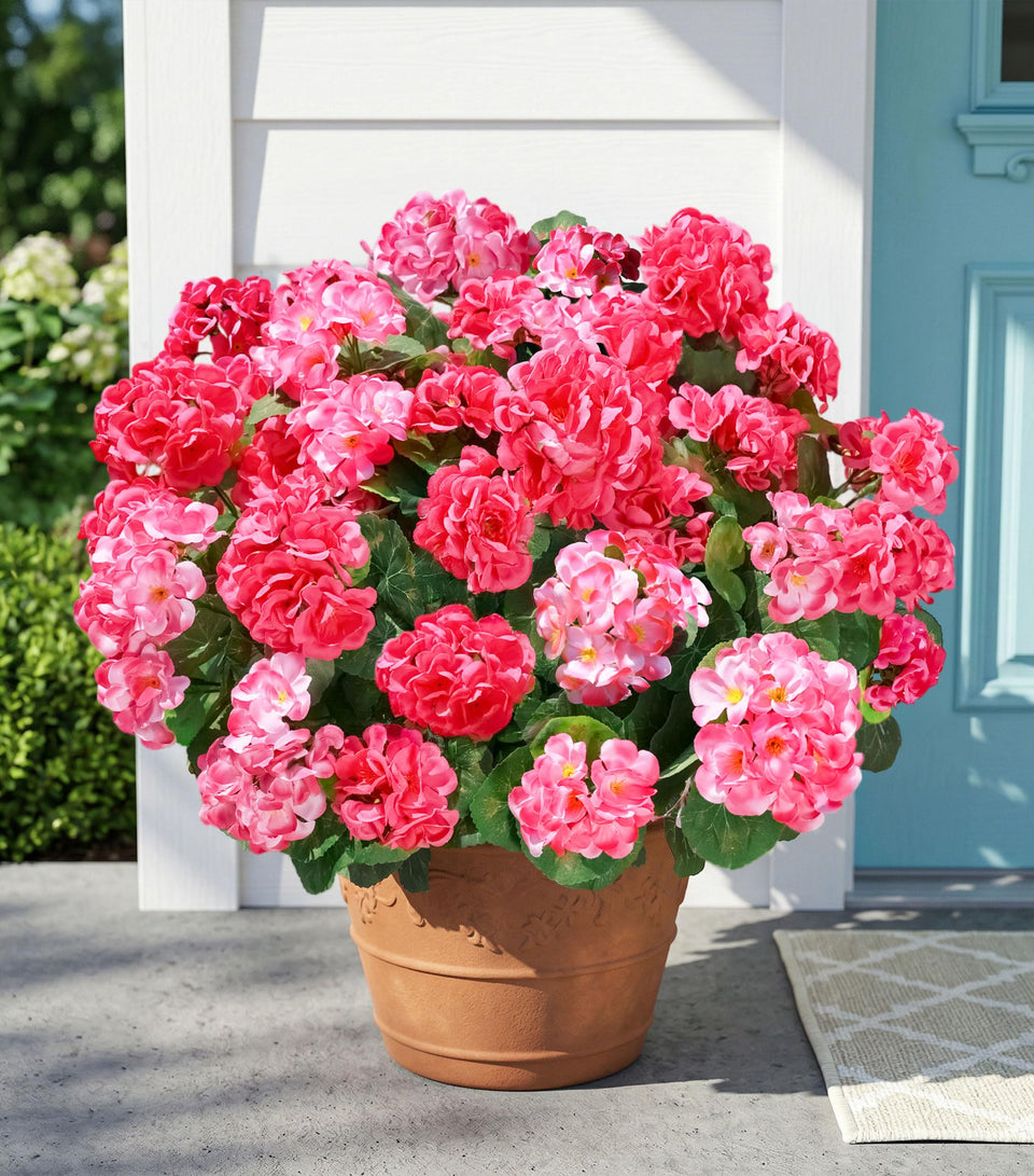 INSPRING fake geraniums petal closeup shows vivid color and realism for outdoors.