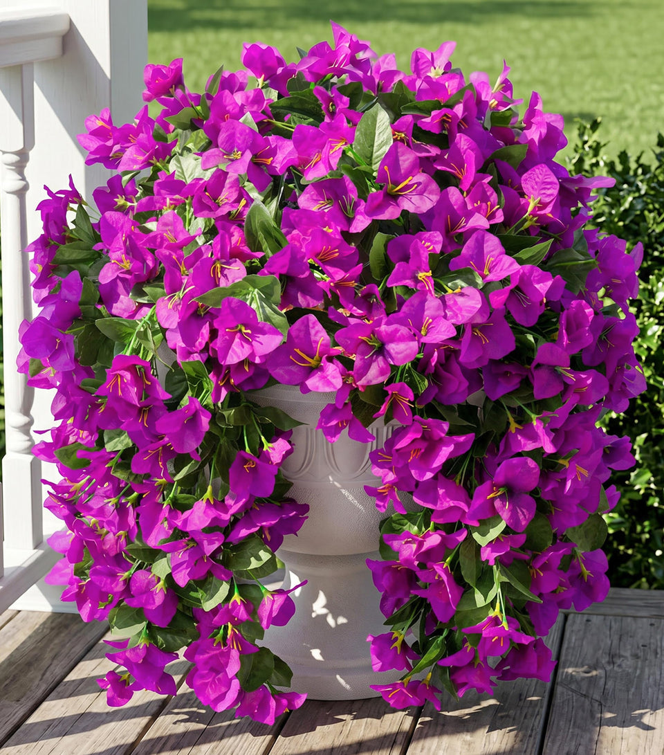 INSPRING faux Bougainvillea 2pc purple outdoor vines on porch provide year-round color.